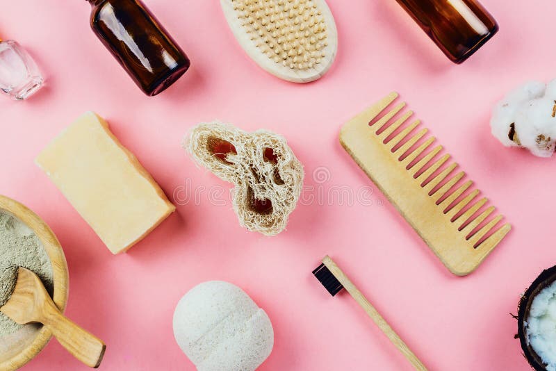 Flatlay of various beauty zero waste sustainable beauty and bath products stock photos Flatlay of various beauty zero waste sustainable beauty and bath products stock photos