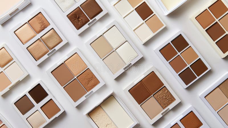 A flatlay of various contouring and highlighting makeup palettes arranged neatly on a white background. Generative AI royalty free stock photo