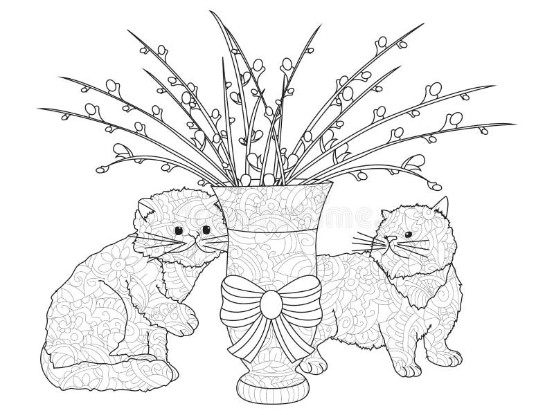 Flaumige Pussyweidenblumensträuße, zwei Kätzchen Eine Anordnung im Vase Antidruckfarbton, Vektor lizenzfreie abbildung Flaumige Pussyweidenblumensträuße, zwei Kätzchen Eine Anordnung im Vase Antidruckfarbton, Vektor lizenzfreie abbildung