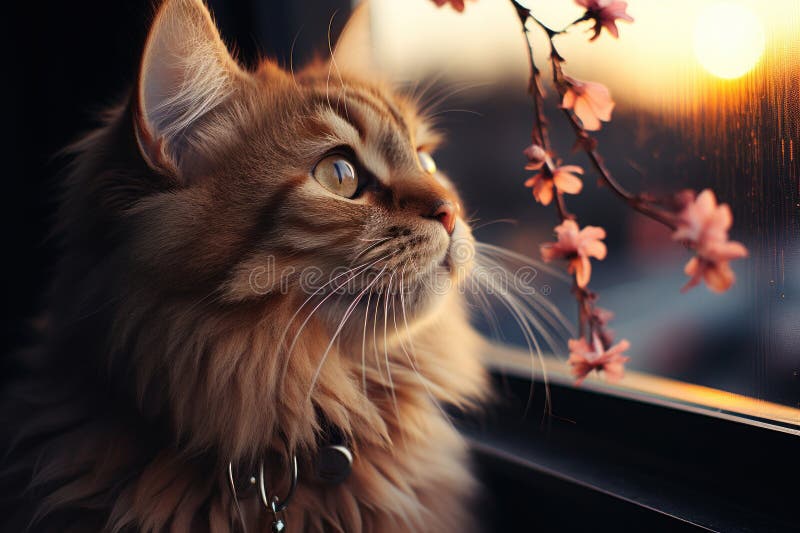 Flauschig gestromte Katze, die das Sonnenlicht am Fenster genießt lizenzfreie abbildung