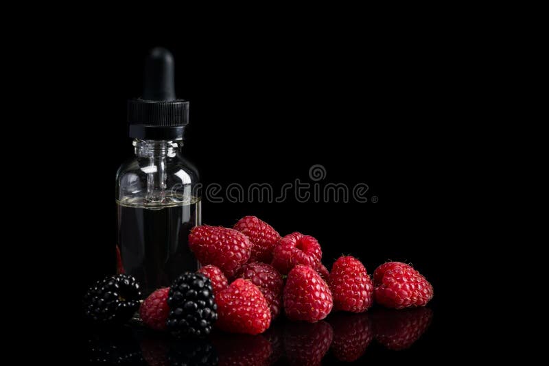 Flavor for electronic cigarette and raspberry on a black background