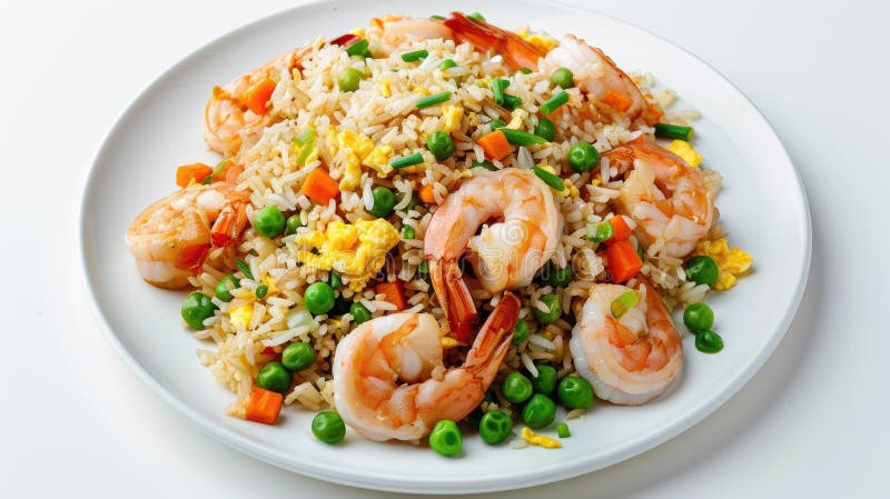 Flavorful Shrimp Fried Rice with Peas, Carrots, and Scallions Stock