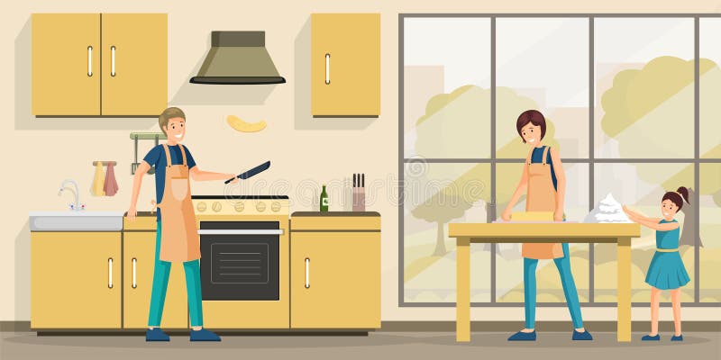 Flavvektordiagramm zum Kochen von Familienkochen Glückliche Eltern und kleine Kinder in Karikaturenfiguren Vater stock abbildung Flavvektordiagramm zum Kochen von Familienkochen Glückliche Eltern und kleine Kinder in Karikaturenfiguren Vater stock abbildung