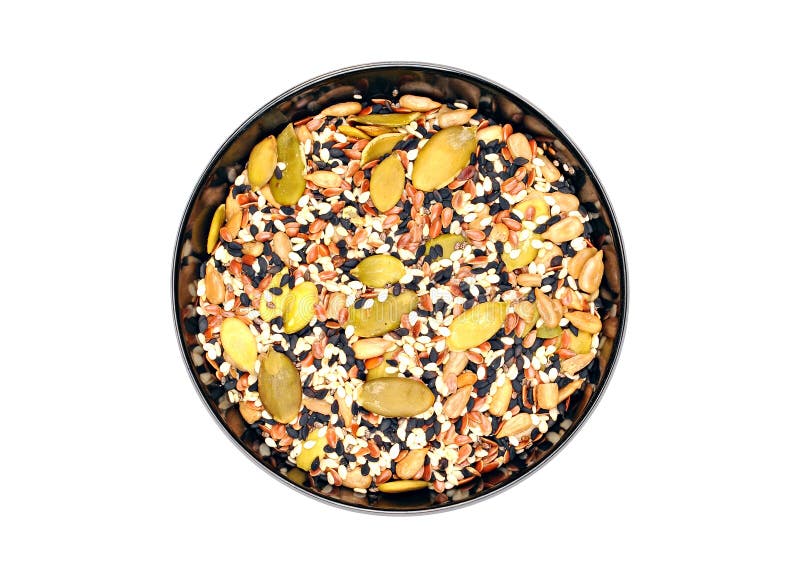 Flax seeds, sunflower seeds, sesame, chia and pumpkin seeds in a bowl