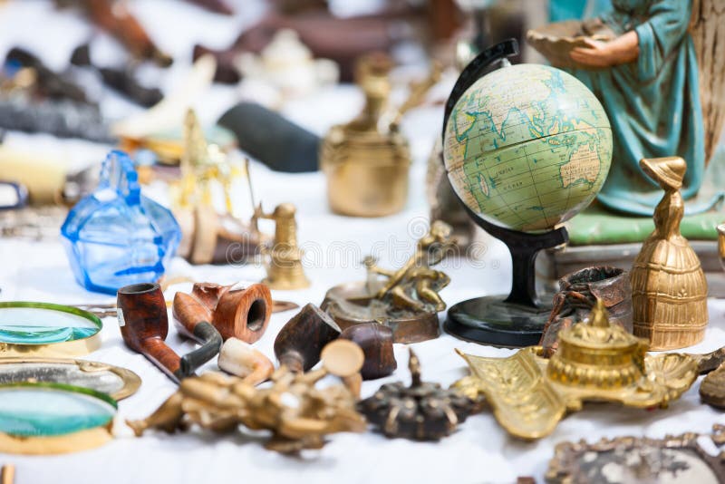 Close up details of flea market stall in Bruges, Belgium