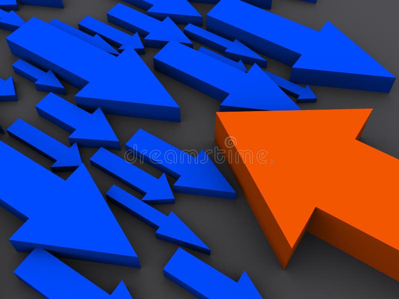 3d rendered illustration of many blue and one orange arrow. 3d rendered illustration of many blue and one orange arrow