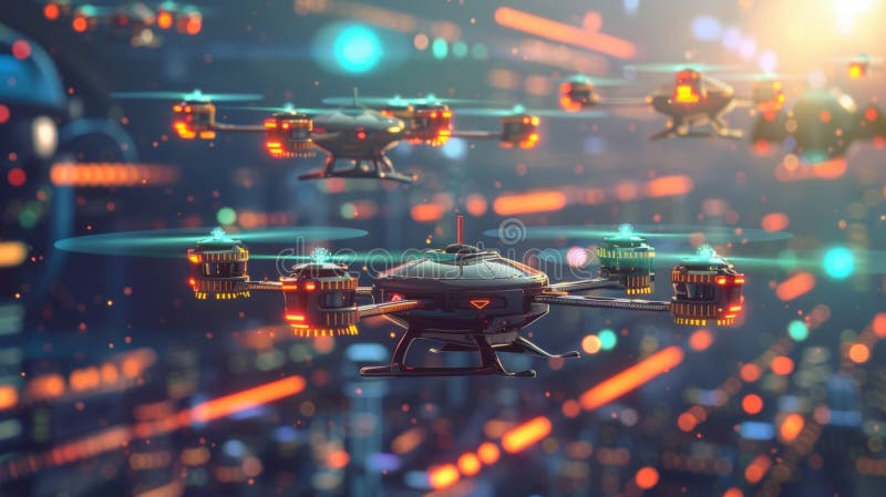 A fleet of delivery drones controlled by 5G transporting finished products to different distribution centers and