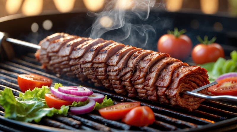 Fleisch in gegrilltem Scheiben mit Gemüse auf einem Grilltisch perfekt für Kochkunst- und Kochfotografie vektor abbildung