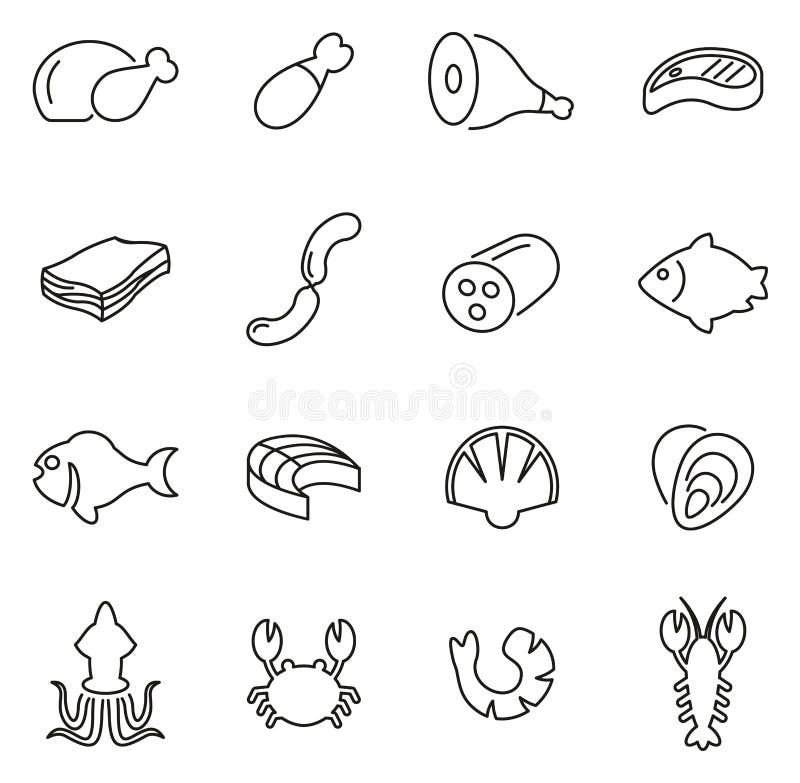 Fleisch-u. Meeresfrüchte-Ikonen verdünnen Linie Vektor-Illustrations-Satz stock abbildung Fleisch-u. Meeresfrüchte-Ikonen verdünnen Linie Vektor-Illustrations-Satz stock abbildung