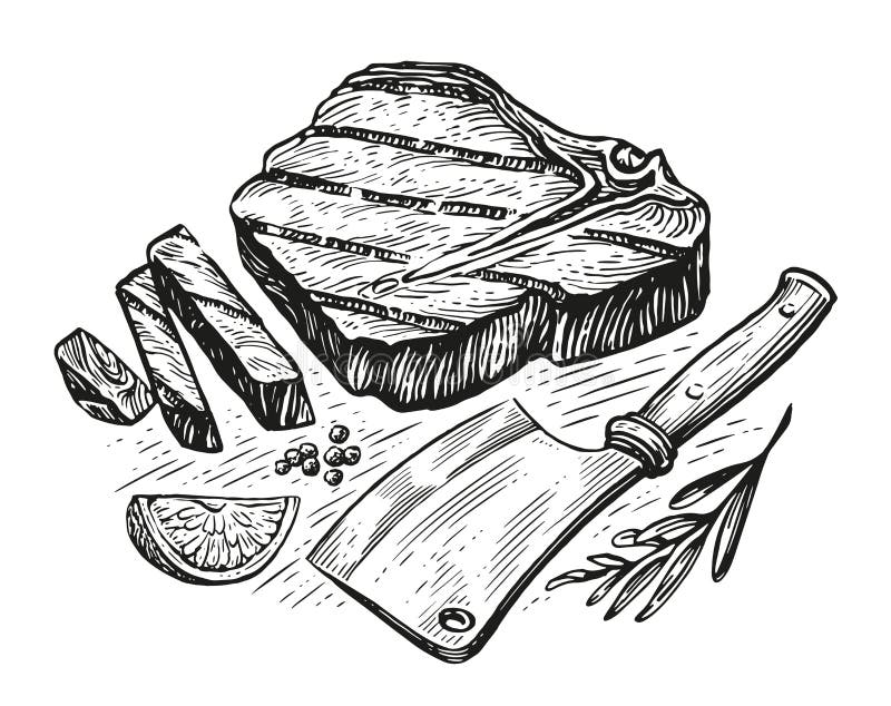 Fleisch von gegrilltem Rindfleisch, Rindersteak und Fleischgeruch. Kochkonzept. Zeichenkettenschrift lizenzfreie abbildung