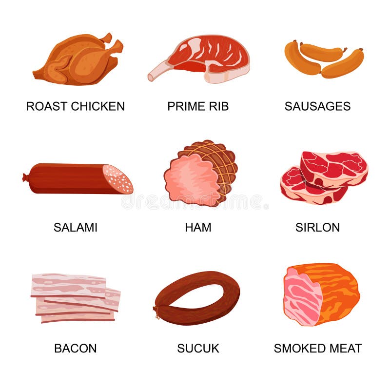 Fleischerzeugnisse Hähnchen und Rippen, Wurst, Salami und Schinken, Sirlon, Speck, Sucuk und geräuchertes Fleisch, geröstet lizenzfreie abbildung
