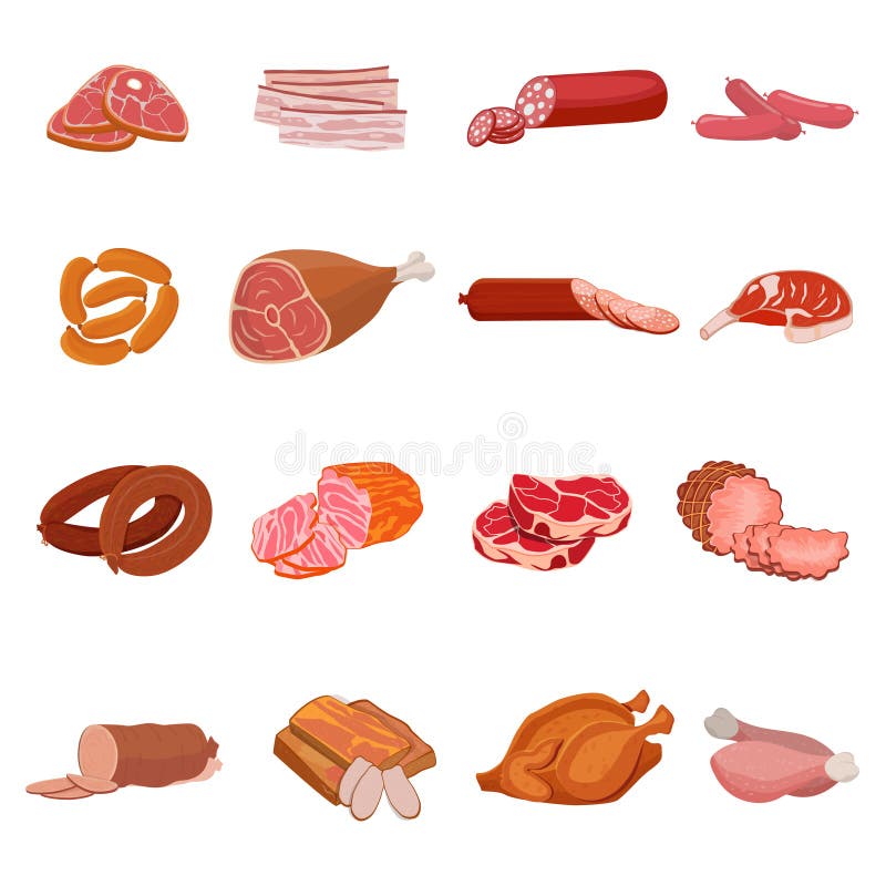 Fleischerzeugnisse Hähnchen und Rippen, Wurst, Salami und Schinken, Sirlon, Speck, Sucuk und geräuchertes Fleisch, Truthühner vektor abbildung