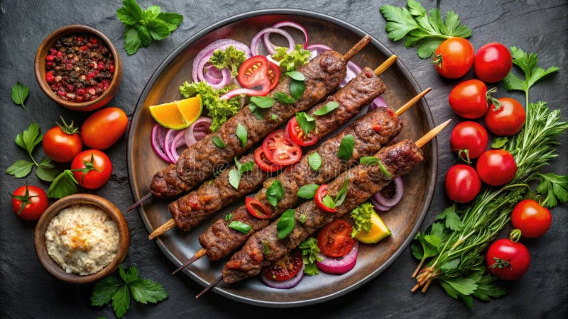 Fleischspieße, gegrillt mit frischen Kräuter und Gemüse auf einer rustikalen Platte. Generative AI stock abbildung