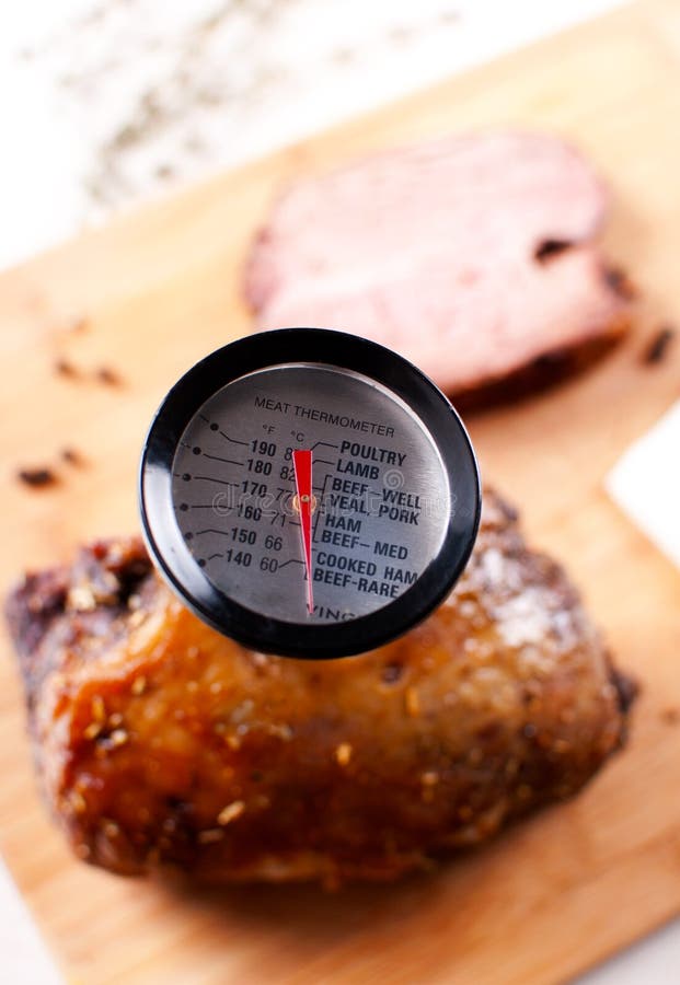 Meat thermometer in a piece of roasted meat shallow depth. Meat thermometer in a piece of roasted meat shallow depth