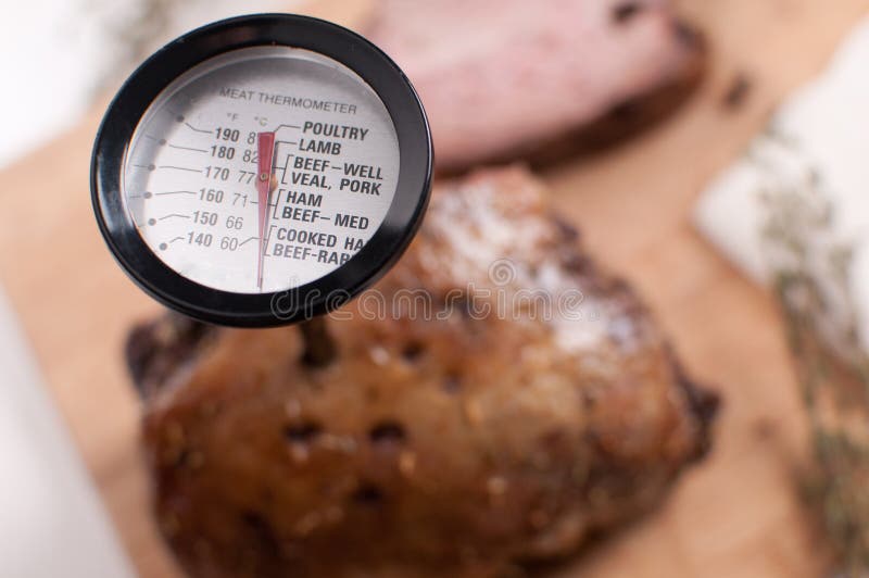 Meat thermometer in the meat closeup. Meat thermometer in the meat closeup