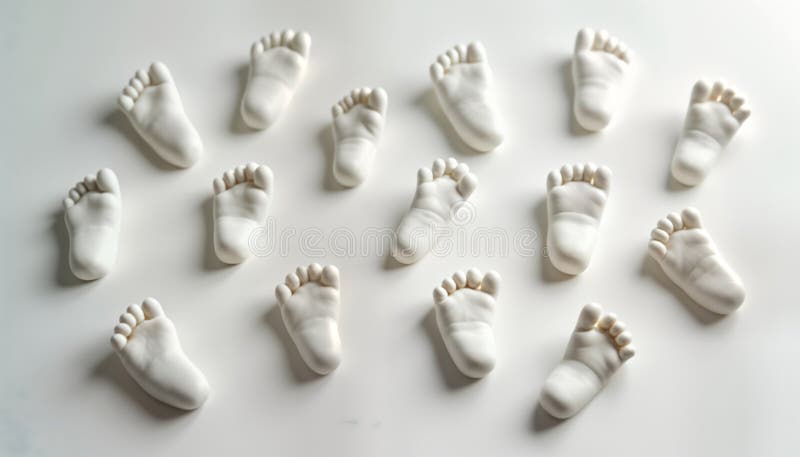 Flera små vita fötter placerade på vit yta. Mjuka känsliga detaljer om synliga babyfötter. Enkelt beundransvärt stock illustrationer