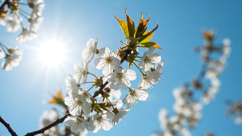 Fleur de cerise blanche délicate contre un ciel bleu clair illustration libre de droits