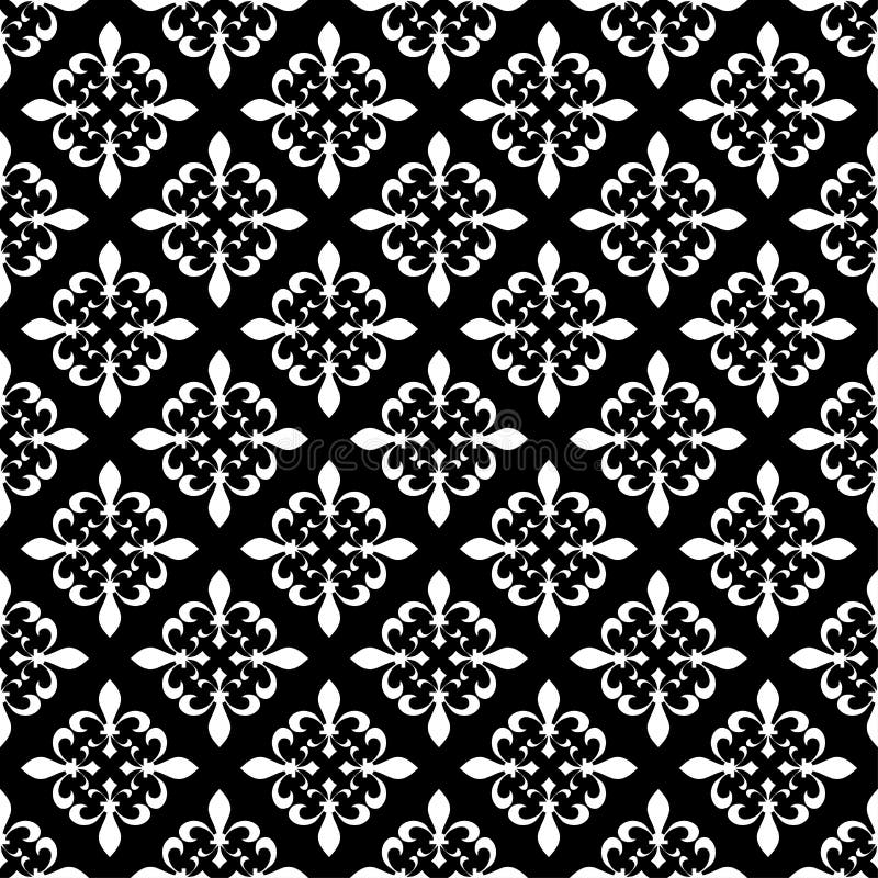 Fleur-de-lis seamless pattern. Vector illustration. Black white template. Floral texture. Elegant decoration, royal lily retro bac