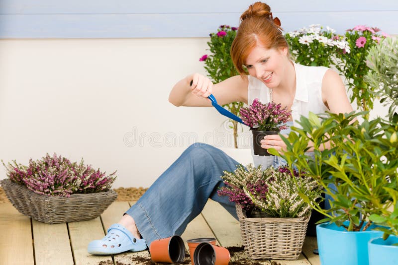 Fleur mise en pot de femme rousse de terrasse de jardin d'été
