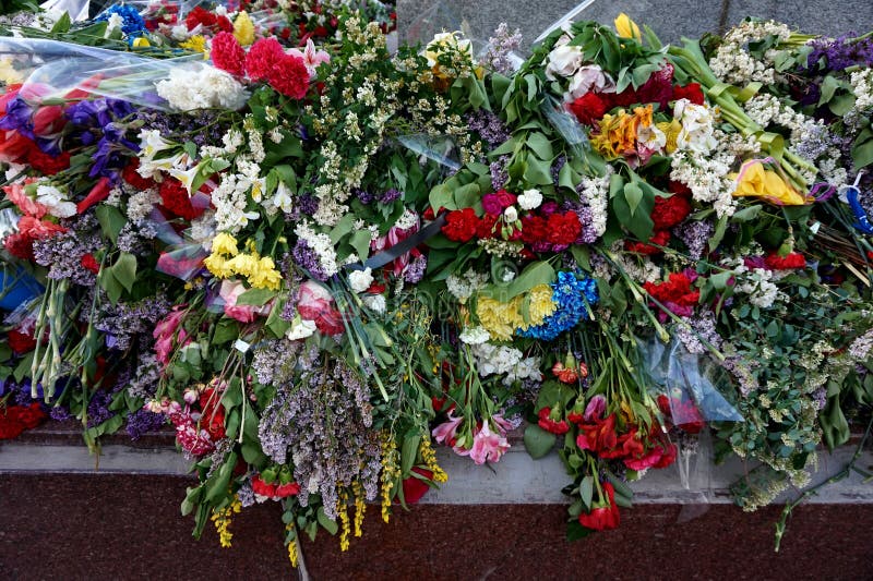 Fleurs apportées par des personnes au ` éternel du feu de ` brûlant sur Victory Day au-dessus du fascisme, le 9 mai images libres de droits Fleurs apportées par des personnes au ` éternel du feu de ` brûlant sur Victory Day au-dessus du fascisme, le 9 mai images libres de droits