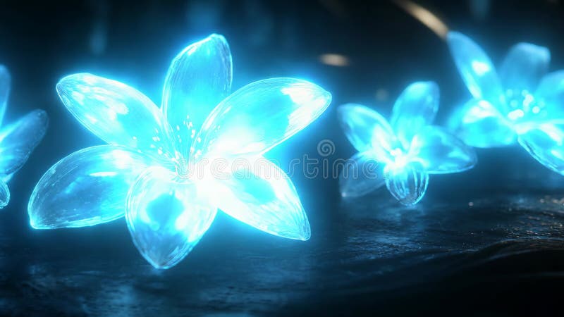 Fleurs bleues cristallines rayonnent une douce lueur magique dans un cadre sombres enchanté illustration libre de droits