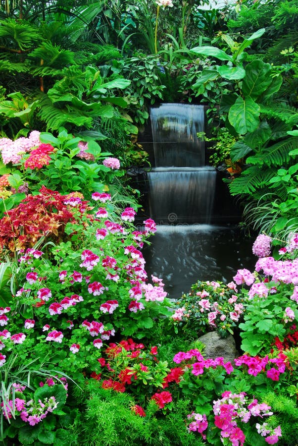 Fleurs, cascade à écriture ligne par ligne dans le jardin photos libres de droits Fleurs, cascade à écriture ligne par ligne dans le jardin photos libres de droits