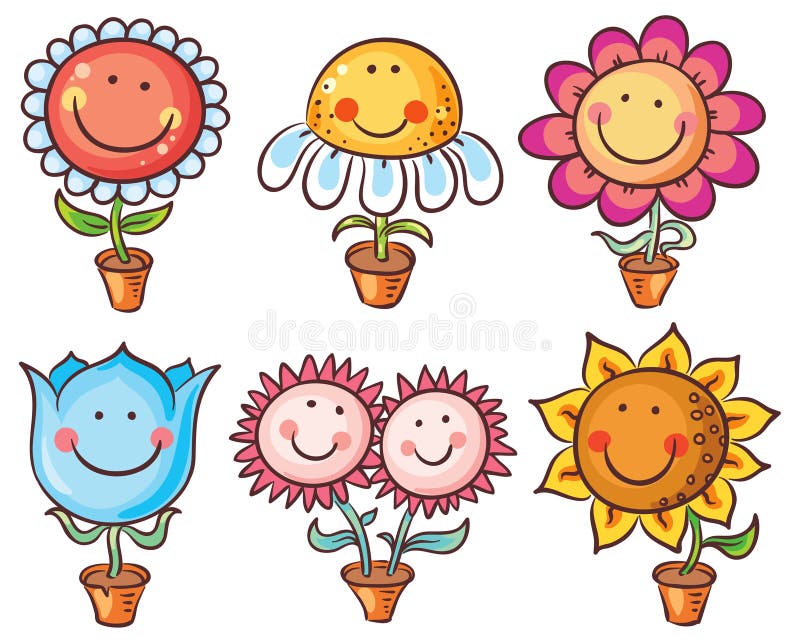 Fleurs dans des pots comme personnages de dessin animé avec des visages illustration libre de droits Fleurs dans des pots comme personnages de dessin animé avec des visages illustration libre de droits
