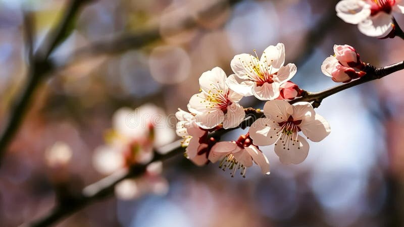 Fleurs de cerisier délicates en pleine floraison sur une branche d'arbre baignée de lumière douce du soleil. illustration libre de droits