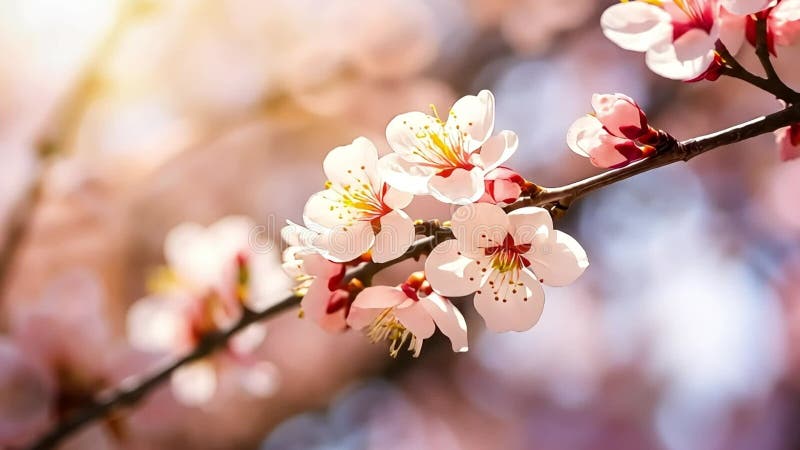 Fleurs de cerisier délicates en pleine floraison sur une branche d'arbre baignée de lumière douce du soleil. illustration libre de droits