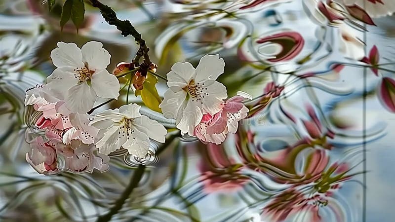 Fleurs de cerisier délicates reflétées dans l'eau ondulante illustration de vecteur