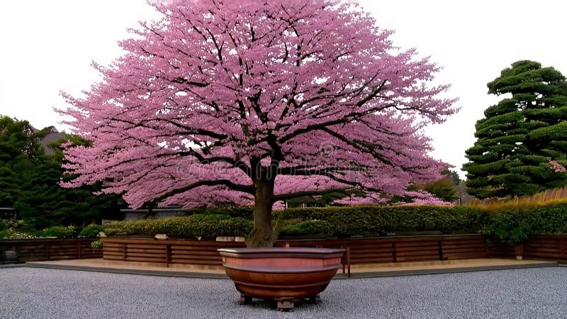 Fleurs de cerisiers en pleine floraison dans un paisible jardin japonais. illustration stock