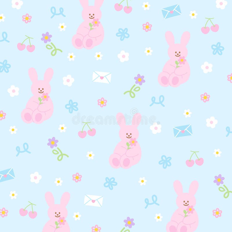 Fleurs de lapin rose et cerise sur fond bleu pastel pour le papier peint mignon fond d'écran lapin modèle animal illustration de vecteur