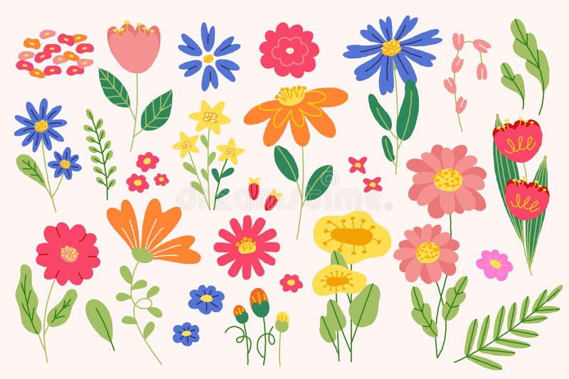 Fleurs de printemps mignonnes. Cartoon éléments fleuris colorés abstrait doodé fleur sauvage feuilles graphique décoratif plat pou illustration de vecteur