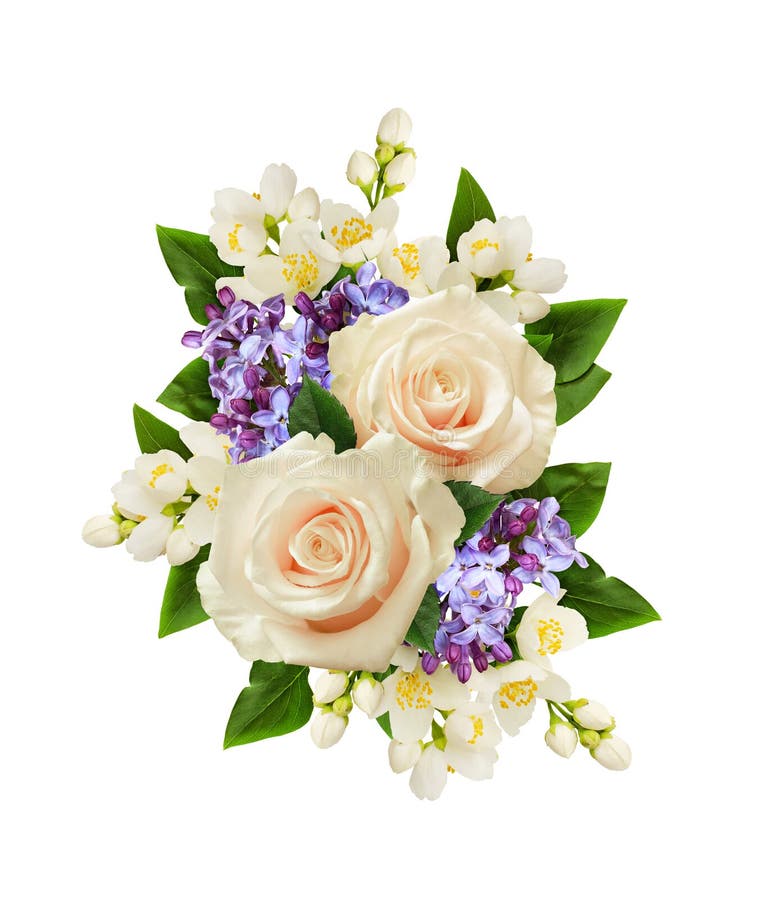 Fleurs de roses blanches, de jasmin et de lilas dans la disposition de fête photo libre de droits Fleurs de roses blanches, de jasmin et de lilas dans la disposition de fête photo libre de droits