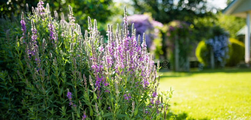 Purple loosestrife flowers blossoming in the garden on sunny summer day. Lythrum tomentosum or spiked loosestrife on a flower bed outdoors. Purple loosestrife flowers blossoming in the garden on sunny summer day. Lythrum tomentosum or spiked loosestrife on a flower bed outdoors