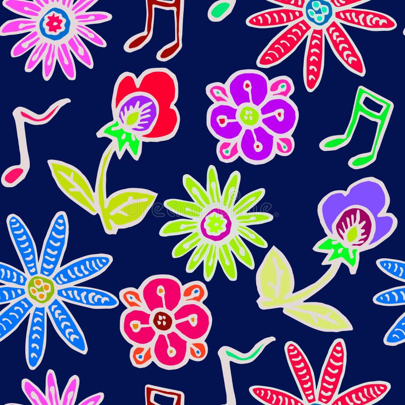 Fleurs et contour blanc de notes de musique sur le fond bleu-foncé illustration stock Fleurs et contour blanc de notes de musique sur le fond bleu-foncé illustration stock