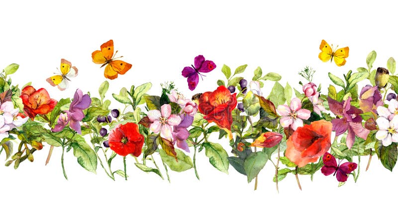 Fleurs et papillons de pré d'été Répétition du cadre watercolor illustration de vecteur Fleurs et papillons de pré d'été Répétition du cadre watercolor illustration de vecteur