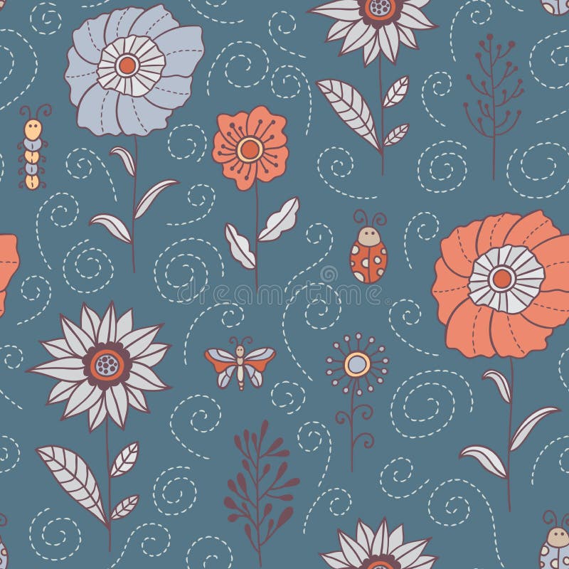 Fleurs, feuilles et modèle sans couture d'insectes Ressort et fond gris pâle floral d'été Texture botanique tirée par la main dan illustration libre de droits Fleurs, feuilles et modèle sans couture d'insectes Ressort et fond gris pâle floral d'été Texture botanique tirée par la main dan illustration libre de droits