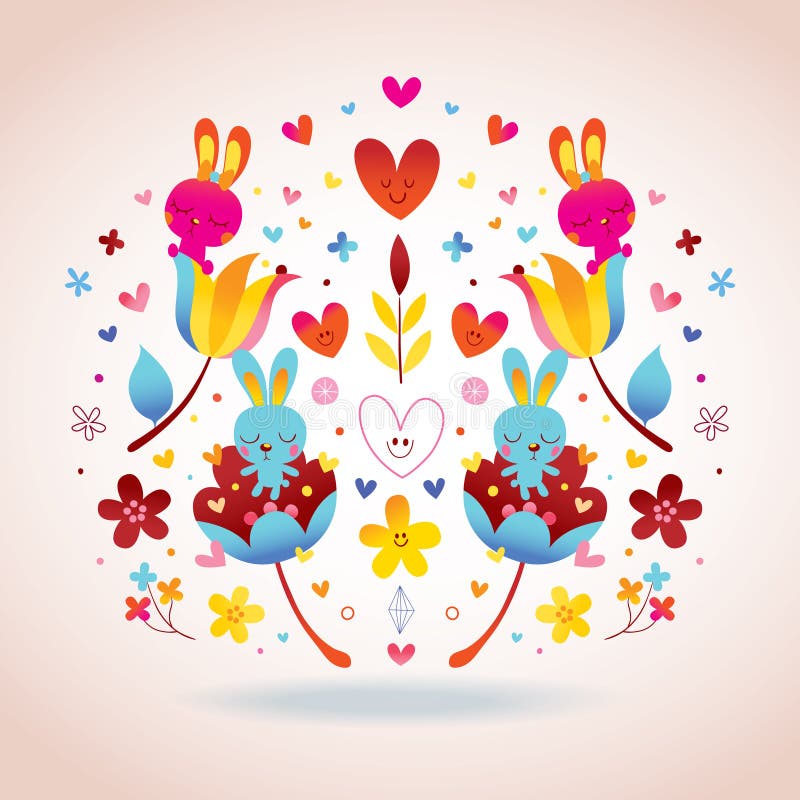 Fleurs, lapins, illustration d'amour de coeurs illustration de vecteur Fleurs, lapins, illustration d'amour de coeurs illustration de vecteur