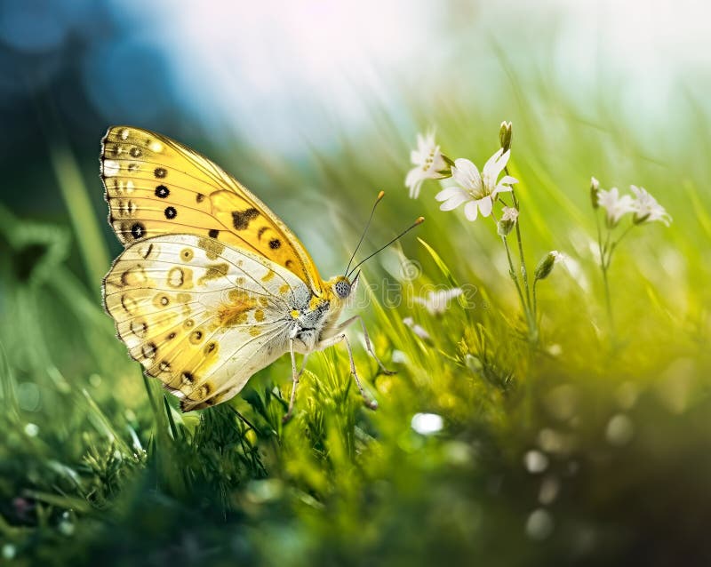 Fleurs sauvages et papillon jaune dans la prairie. illustration stock