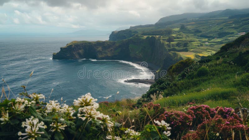 Wildflowers add a colorful touch to the rugged seaside cliff overlooking the vast ocean AI generated. Wildflowers add a colorful touch to the rugged seaside cliff overlooking the vast ocean AI generated