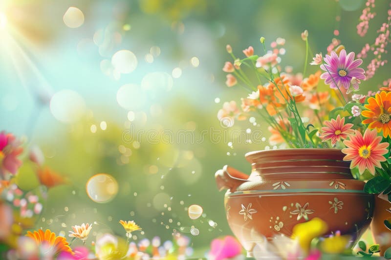 Fleurs sauvages vibrantes en pot d'argile sous ciel éclairé : symphonie colorée de natures illustration libre de droits