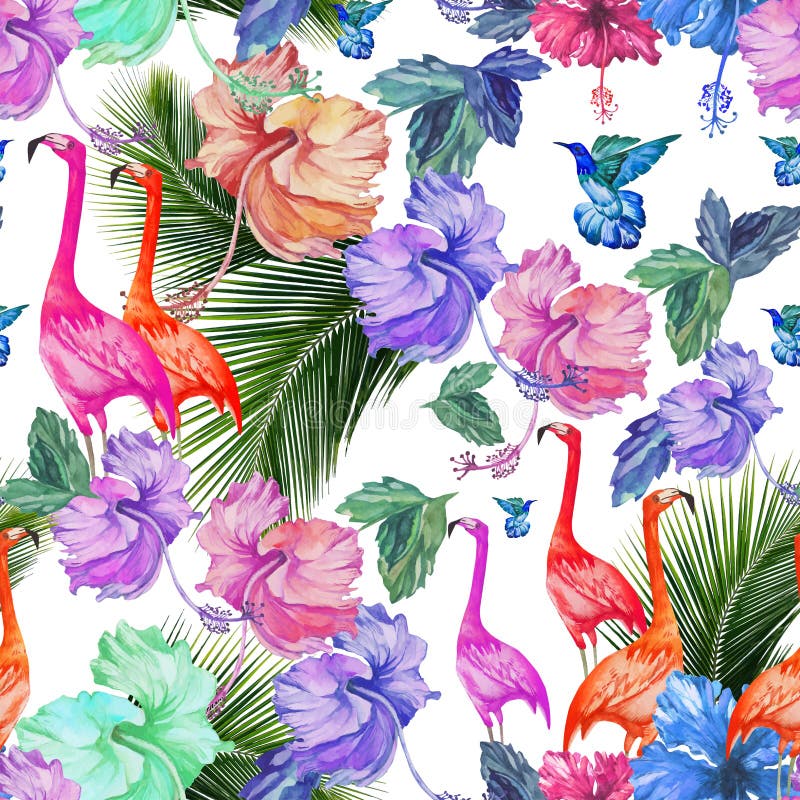 Fleurs tropicales, palmier et oiseaux d'aquarelle sans couture de modèle