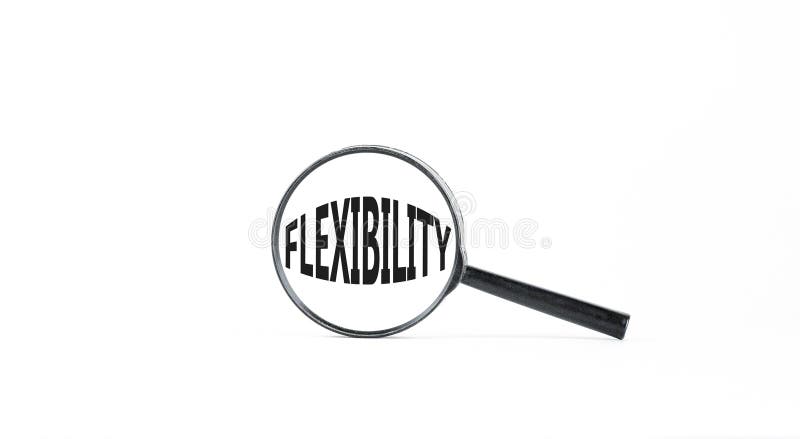 Flexibilitetssymbol. konceptordflexibilitet i vackert förstoringsglas. vacker bakgrund av vitt papper. företagsflexibilitet royaltyfri bild