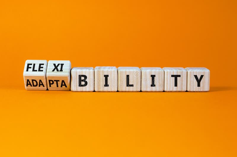 Flexibility and adaptability symbol. Turned wooden cubes and changed words `adaptability` to `flexibility`. Beautiful orange