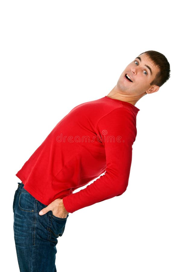 Flexible man in red clothes and jeans