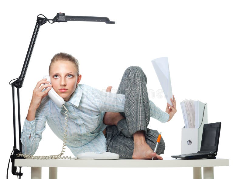 Flexible woman in office doing multiple jobs at the same time