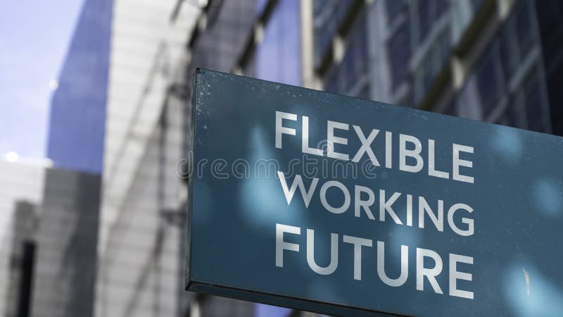 Flexible working Future on a city-center sign in front of a modern office building royalty free stock images