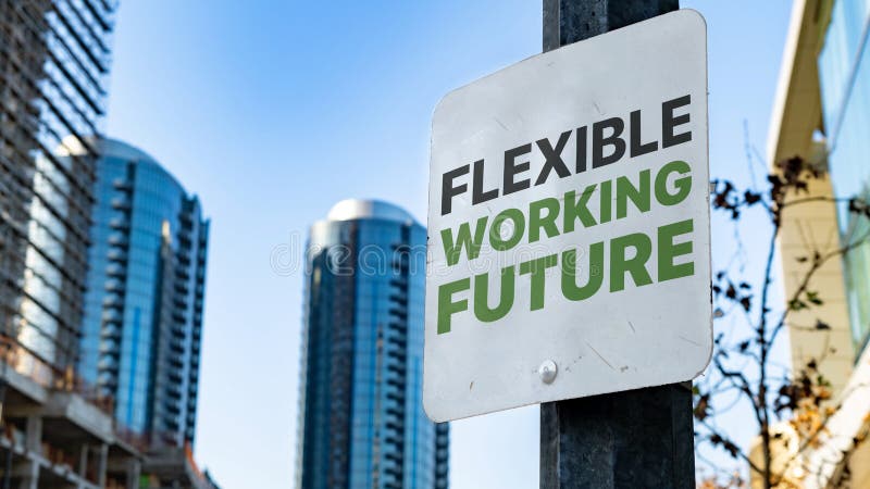Flexible Working Future Worn Sign in Downtown city setting stock image
