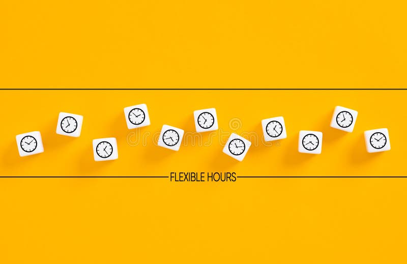 Flexible working hours. Flexible working policy in business. Clock symbols on white cubes on yellow background royalty free stock image